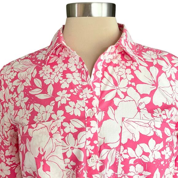 Talbots Pink White Floral Print Button Up Shirt Sz 10 Long Sleeves Crisp Cotton - Picture 2 of 10